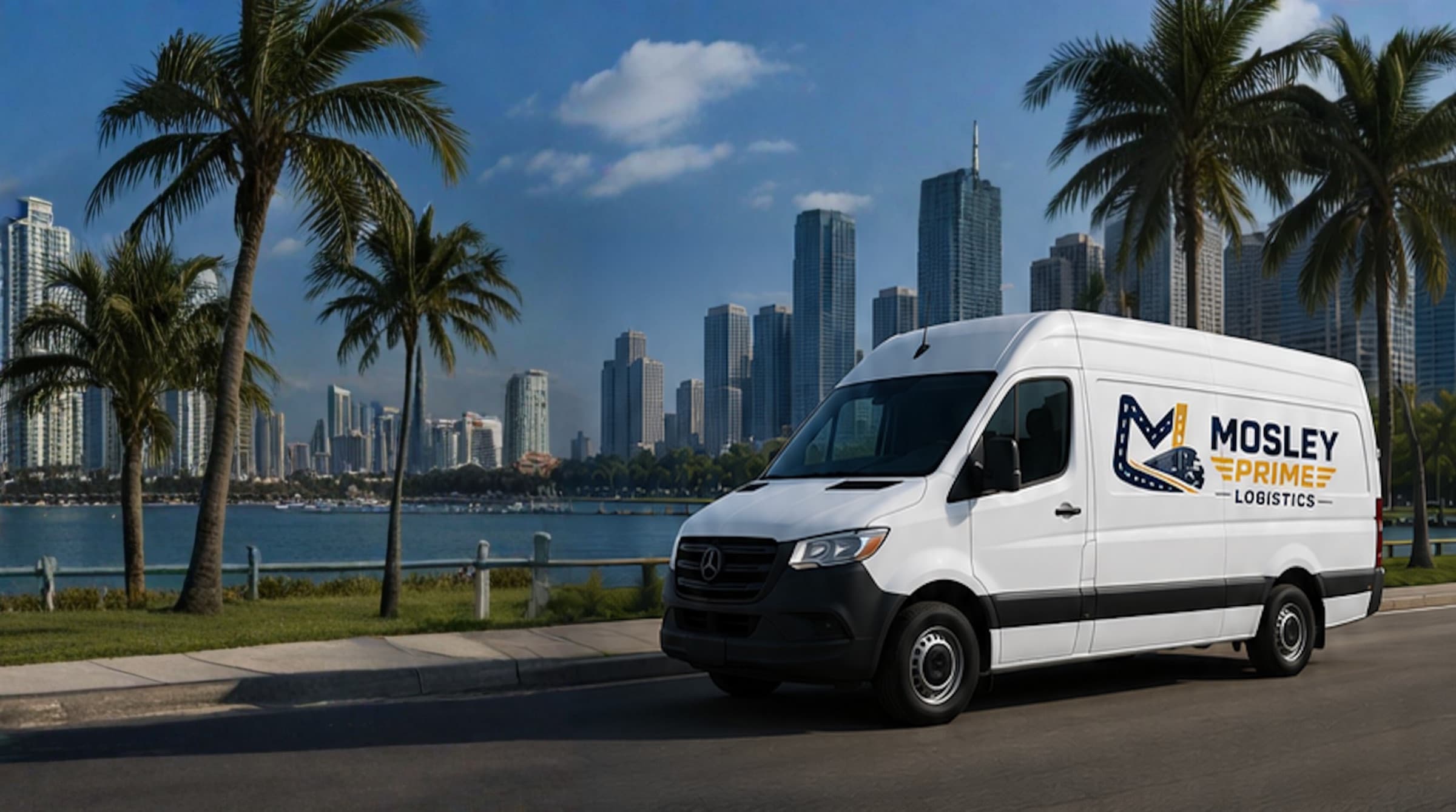 Mosley Prime Logistics branded Sprinter van on the Florida waterfront