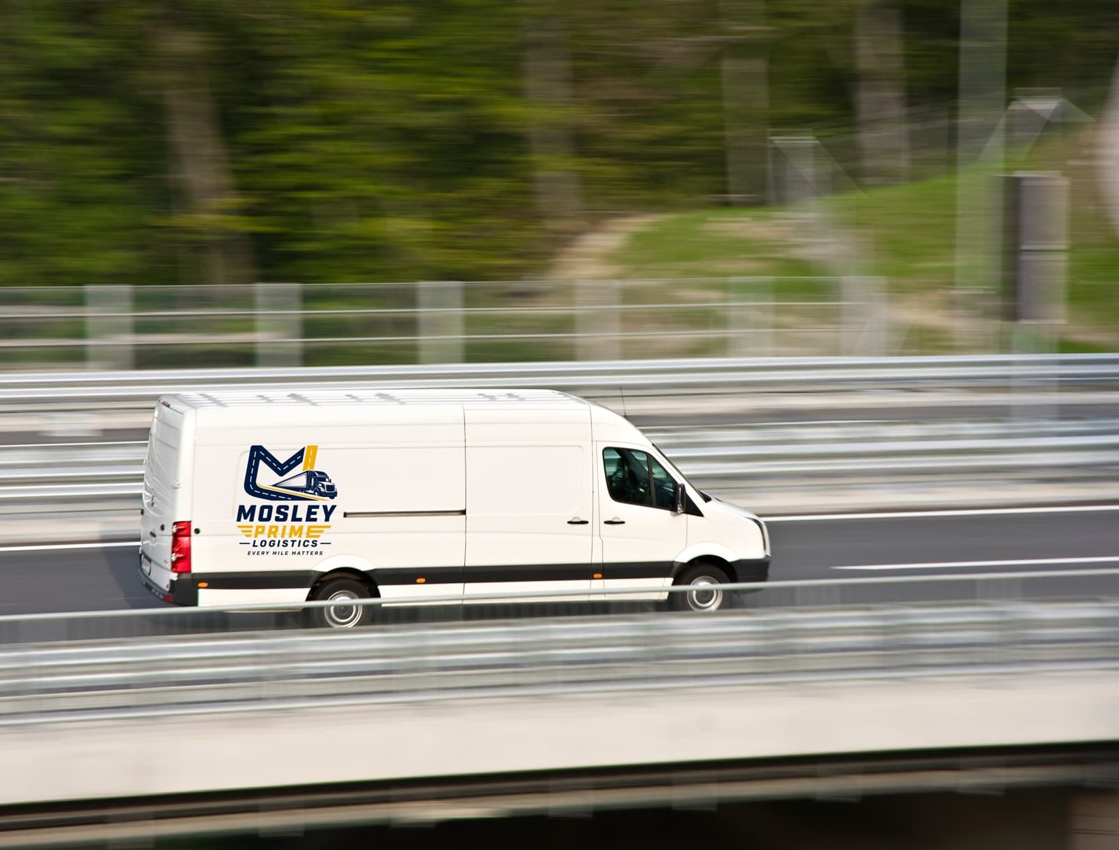 Mosley Prime Logistics Sprinter van in motion on the highway